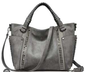 Realer large gray faux leather hobo handbag purse studded edgy Bohemian chic
